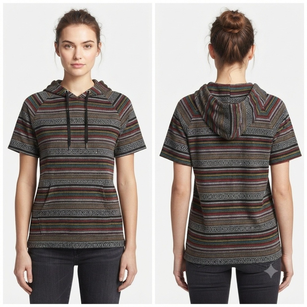 Beautiful Giant Shirt Womens MediumShort Sleeve Hoodie Color Stripe Baja Boho